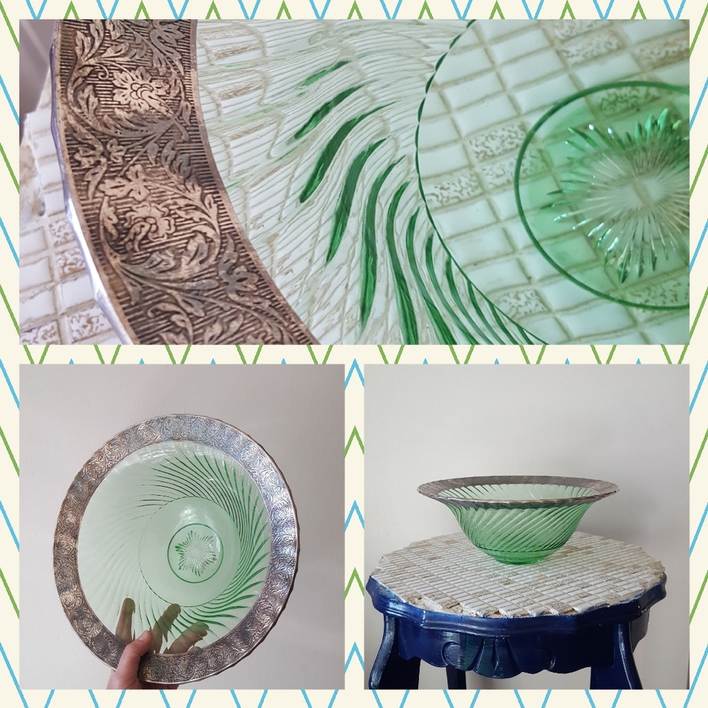 🌙Vintage Epergne Green Glass Silver Fruit Bowl